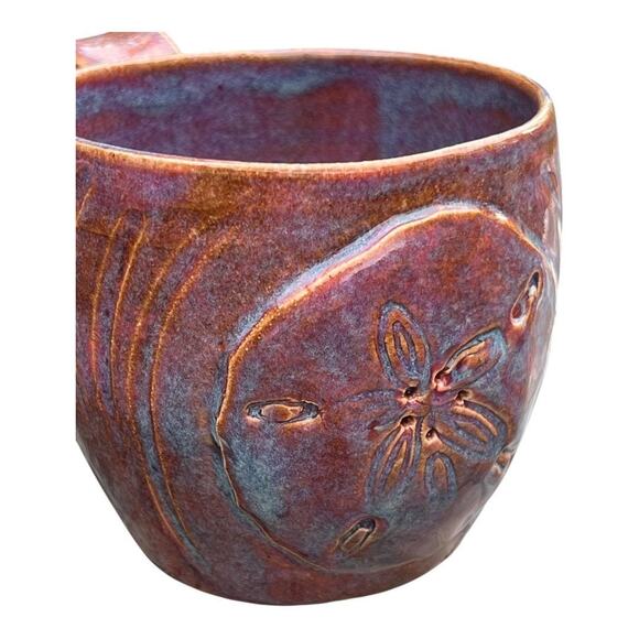 Sand Dollar Sculpted Stoneware Coffee Mug in Rust, Pink & Blue Glazes - Picture 8 of 13